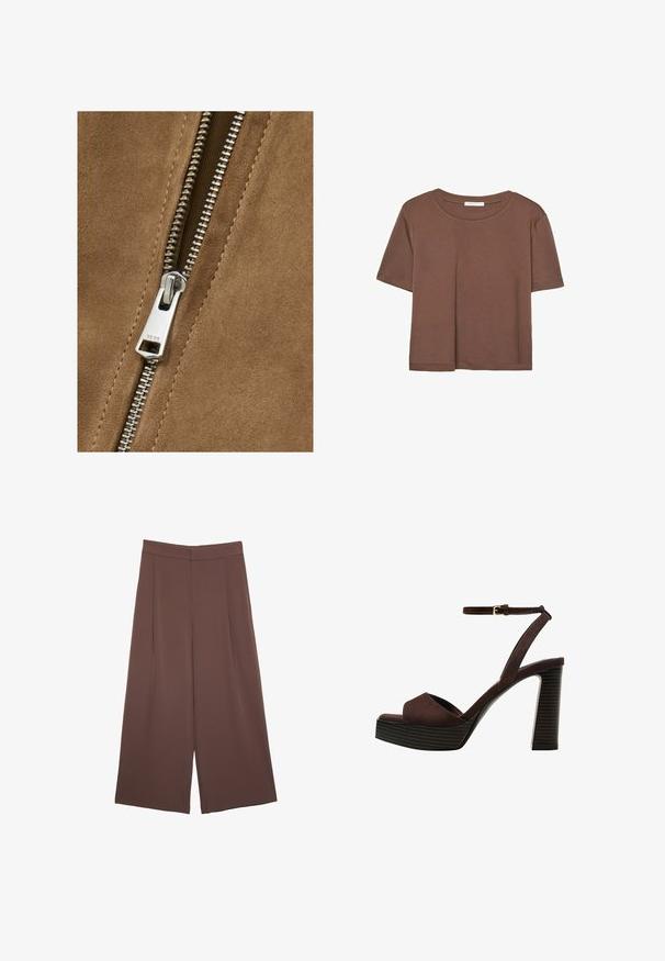 Tessuto scamosciato marrone con dettagli in metallo argentato sulla zip, che mostra una superficie liscia e denti ravvicinati, migliorando il design del capo.; Maglietta a maniche corte marrone realizzata in tessuto morbido, con scollatura rotonda e vestibilità rilassata. Nessun motivo o dettaglio visibile.; Pantaloni ampi marroni con una texture liscia, caratterizzati da una vita alta e pieghe frontali. Il tessuto è leggero e scorre liberamente.; Sandal in camoscio marrone con tacco alto, punta aperta, cinturino alla caviglia regolabile e suola a piattaforma striata.