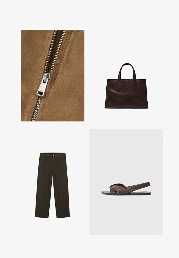 Bruin suède stof met een zilveren metalen ritssluiting, die een gladde textuur en dicht op elkaar staande tanden toont, wat het ontwerp van het kledingstuk versterkt.; Bruin T-shirt met korte mouwen gemaakt van gladde stof, met een ronde halslijn en een reguliere pasvorm, zonder extra patronen of accenten.; Donkergroene wijde jeans van een katoenmix, met een sluiting met een voorste knop, vijf zakken en klassieke denimstiksels.; Bruine leren sandaal met een kruisbandontwerp, vlakke zwarte zool en verstelbare achterband. Gladde textuur en minimale hardwaredetails.; Bruine leren tote bag met twee verlengde handvatten, gestructureerde rechthoekige vorm, gladde textuur en subtiele stiksels.