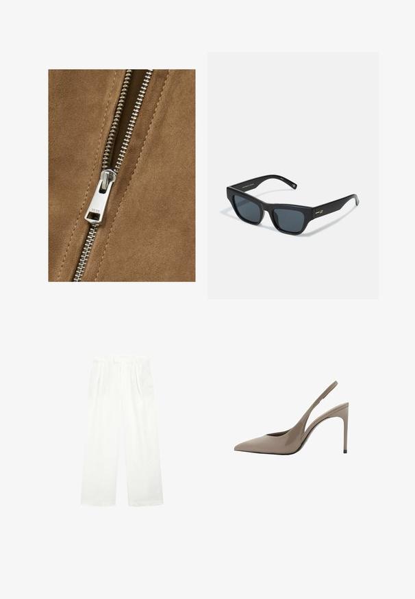 Brunt ruskind med en sølvmetallåsdetalje, der viser en glat tekstur og tæt placerede tænder, hvilket forbedrer tøjets design.; Lys beige kortærmet t-shirt med rund halsudskæring, lavet af blødt, glat stof. Har en afslappet pasform og lige forneden.; Hvide bukser med vidde lavet af et let materiale, som har en flad front, læg og en taljebånd, der giver en løs og luftig pasform.; Beige patentlæder slingback højhælede sko med spidse tæer og et strømlinet design, som har en tynd høj hæl og et udsnit på siden.; Sorte rektangulære solbriller med grå linser, en tyk plastikramme og gyldent accent ved tinningsområdet. Mat finish med glat tekstur.; Blødt, strikket cremehvidt tørklæde, løs foldet i toppen med begge ender hængende lige ned.