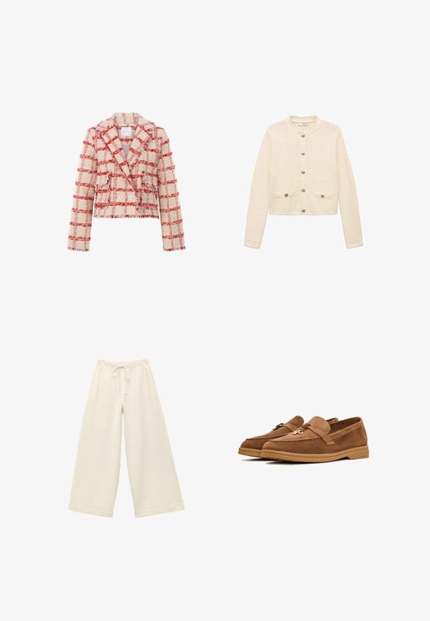 Giacca corta realizzata in tessuto testurizzato con un motivo a quadri rosso e crema, dotata di un colletto a punta, due bottoni e bordi sfilacciati.; Cardigan color crema realizzato in tessuto testurizzato, con maniche lunghe, colletto rotondo, bottoni dorati e tasche frontali.; Top senza maniche in maglia color avorio con un design a trama aperta e testurizzata. I bordi scallopati nei fori delle braccia e all'orlo inferiore aggiungono dettagli.; Pantaloni larghi di colore crema con cintura elastica e cordoncino. Texture liscia, lunghezza al ginocchio, con una vestibilità ampia e senza motivi visibili.; Mocassini in suede marrone con suola piatta, caratterizzati da un fiocco decorativo e dettagli di cucitura discreti. Design a punta arrotondata.