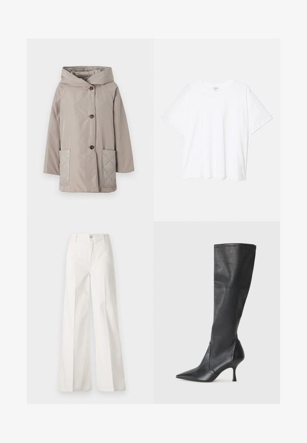 Marella Vinterjakker - tortora; Hvid bomulds-t-shirt med korte ærmer, rund halsudskæring, afslappet pasform og stitched søm. Mærket er synligt indeni halsen.; Hvide vidde bukser lavet af bomuld med en glat tekstur. Har en frontknap, lynlås, og fire-lomme design.; Knæhøje sorte læderstøvler med spidse tæer og slanke stiletto-hele. Glat tekstur med en tætsiddende design og syninger ved toppen.