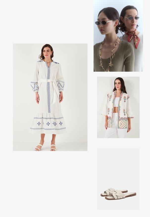 LELA LOOSE FIT - Lichte jas - ecru; Witte lange jurk met blauwe geborduurde patronen, ballonmouwen, een V-hals en een strikceintuur. Heeft een gelaagde onderzijde en een zachte textuur.; Licht beige slidesandalen met geweven banden, met een platte zool en een minimalistisch ontwerp. Soepele textuur met subtiele kleurcontrastaccenten.; Ronde zonnebrillen met donkere lenzen en dunne zilveren monturen. De ene persoon draagt een gouden ketting, terwijl de andere een rood patroon sjaal heeft.; Geweven rieten handtas in lichtbeige, met een gebogen vorm, sluiting met een knipsluiting en een gouden kettinghengsel. Ge profileerd oppervlak met een diamantpatroon.