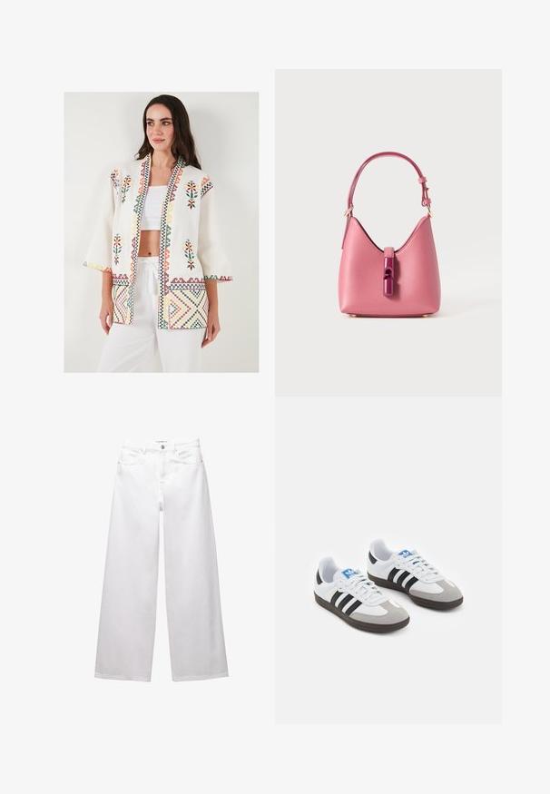 LELA LOOSE FIT - Leichte Jacke - ecru; Blaues Sweatshirt aus weichem Baumwollmix, mit Rundhalsausschnitt, langen Ärmeln, gerippten Bündchen und einem kleinen, auf der Brust gestickten Logo.; Weiße weit geschnittene Jeans aus Denim. Mit Knopfverschluss, Vorder- und Gesäßtaschen sowie gesteppten Nähten. Glatte Textur mit minimalen Details.; Sportschuhe mit einem Obermaterial aus weißem Leder, grauer Wildleder-Zehenkappe und drei schwarzen Streifen. Sie verfügen über ein blaues Logo auf der Zunge und eine strukturierte Gummisohle.; Rosa Lederhandtasche mit strukturiertem Design, ausgestattet mit einem glänzenden Verschluss und einem einstellbaren Gurt. Texturierte Oberfläche mit goldfarbenen Beschlägen.
