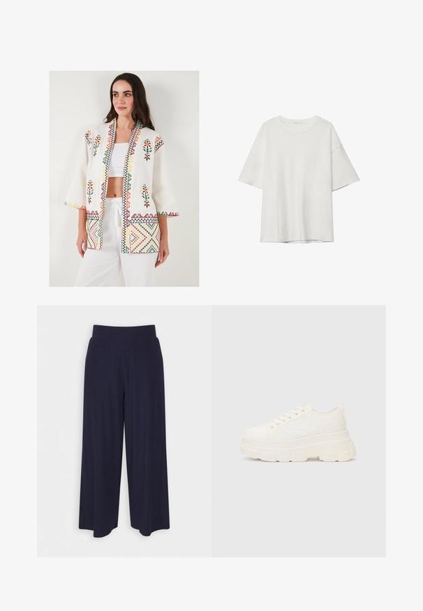 LELA LOOSE FIT - Giacca leggera - ecru; T-shirt bianco a maniche corte con scollatura rotonda e vestibilità ampia. Realizzato in tessuto morbido senza pattern o dettagli visibili.; Pantaloni a gamba larga in tessuto navy scuro con una texture a coste. Presentano una vita liscia e una silhouette fluida, che arriva a metà polpaccio.; Sneaker bianca in tela con suola spessa, punta arrotondata e cinque occhielli per i lacci. Linguetta sul retro per una facile calzata. Texture liscia, design minimalista.