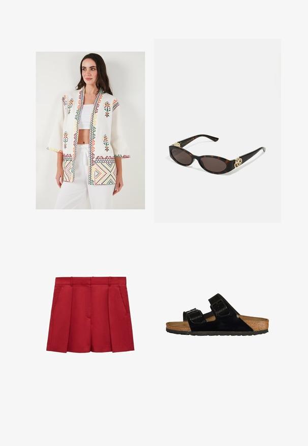 LELA LOOSE FIT - Let jakke / Sommerjakker - ecru; Stripet T-shirt i marineblå og hvid, korte ærmer, rund hals, med et grafisk motiv af kirsebær og teksten "Super Dessert" på venstre bryst.; Røde skræddersyede shorts lavet af letvægtsstof, med flad front, to sidelommer og en skarp finish med læg.; Sorte patentlæder sandaler med to justerbare stropper, korksål og gummisål, der har en glat tekstur og et minimalistisk design.; Skildpaddemønster solbriller med aflange ovale linser, brun farve, guldlogo accenter på stængerne og slanke sorte arme.
