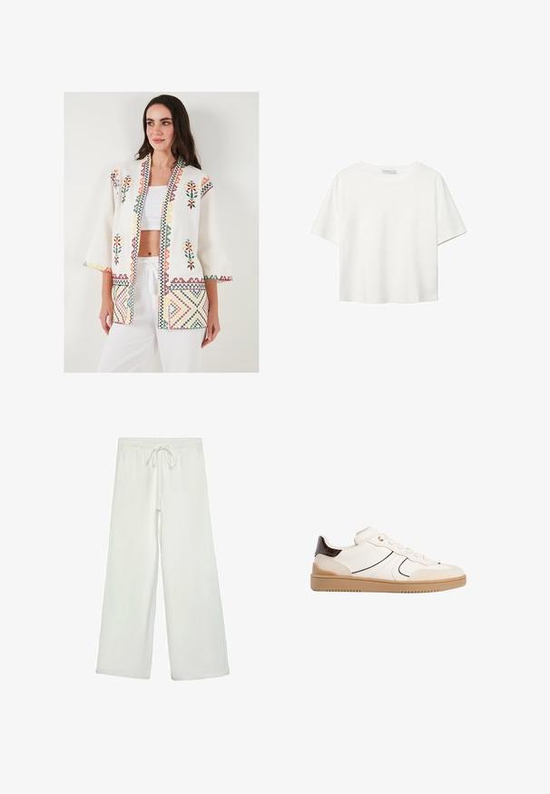 LELA LOOSE FIT - Let jakke / Sommerjakker - ecru; Hvid kortærmet t-shirt lavet af bomuld. Har en rund halsudskæring og en afslappet pasform. Glat tekstur uden synlige mønstre eller detaljer.; Hvide bukser med bred ejer lavet af blødt stof. Har en elastisk talje med snor og en glat tekstur. Ingen synlige mønstre eller hardware.; Stradivarius Sneakers - white