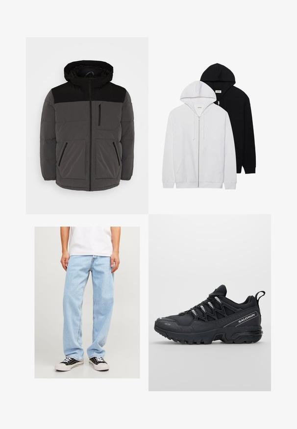 Pilkas pūkinis švarkas su juodais akcentais, turintis kailinį gobtuvą, užtrauktuko priekį ir dvi šonines kišenes, viena jų su užtrauktuku, matomais siuvimo detalėmis.; Dušiniu užtrauktuku užsegamos dvi liemenės juodos ir baltos spalvos, su reguliuojamomis kapišonų virvutėmis, kengūrų kišenėmis, įliemenuotais rankogaliais ir minkštos tekstūros medžiaga.; Trys paprastos marškinėlių rinkinys juodos, baltos ir šviesiai pilkos spalvos. Trumpomis rankovėmis, apvaliu kaklu, pagaminti iš lygaus medvilninio audinio. Matomas prekės ženklas.; Šviesiai mėlynos denim kelnės su laisvu siluetu, su tiesių kojų dizainu ir standartinėmis siūlėmis, derinamos su juodais sportiniais bateliais.; Juodi sportiniai bateliai su tinklelio viršumi, guminėmis išorinėmis dalimis ir atspindinčiomis detalėmis. Savybės: paminkštinta pado konstrukcija ir raištelių užsegimo dizainas.