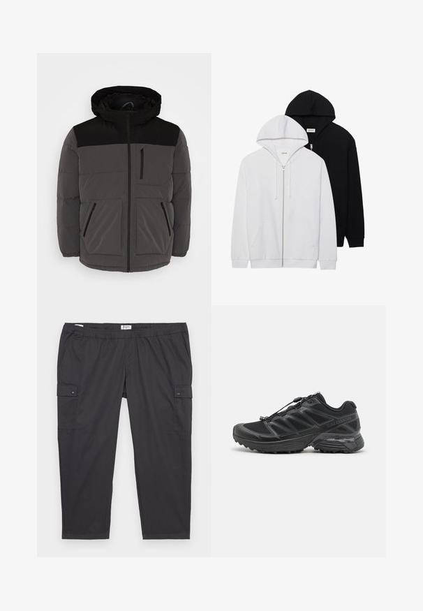 Siva puffer jakna s crnim naglascima, sa kapuljačom, zatvaračem sprijeda i dva bočna džepa, od kojih je jedan sa zatvaračem, i vidljivim detaljima šavova.; D dvije zip-up dukserice u crnoj i bijeloj boji, s kapuljačama na vezanje, kengurskim džepovima, rebrastim manžetama i mekanim materijalom.; Set od tri osnovne majice u crnoj, bijeloj i svijetlosivoj boji. Kratki rukavi, okrugli izrez, izrađene od glatkog pamučnog materijala. Vidljiv logotip branda.; Crne cargo hlače s elastičnom waistbandom, bočnim džepovima i snap dugmadi. Izrađene od lagane, glatke tkanine.; Crne trkačke cipele s mrežastim i sintetičkim gornjim dijelom, fleksibilnom potplatom i elastičnim vezicama. Imaju podstavljeni srednji potplat za udobnost.