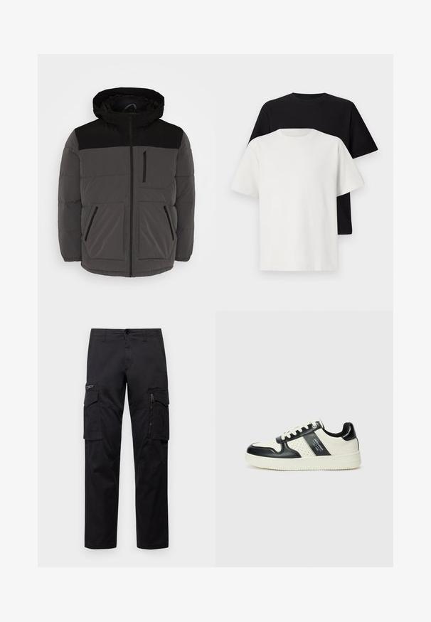 Szary puchowy kurtka z czarnymi akcentami, z kapturem, zamkiem błyskawicznym z przodu oraz dwiema bocznymi kieszeniami, z których jedna jest zapinana na zamek, a także widocznymi detalami przeszycia.; Zestaw bawełnianych t-shirtów zawierający czarną i białą koszulkę, obie z krótkimi rękawami, okrągłym dekoltem i standardowym krojem. Teksturowana tkanina.; Czarne spodnie cargo z wieloma kieszeniami, zamykaną kieszenią na udzie, prostym krojem oraz wytrzymałym bawełnianym materiałem z delikatnym połyskiem.; Skórzane sneakersy w czarno-kremowym schemacie kolorystycznym, z perforowanymi akcentami, wyściełanym kołnierzem i teksturowaną podeszwą.