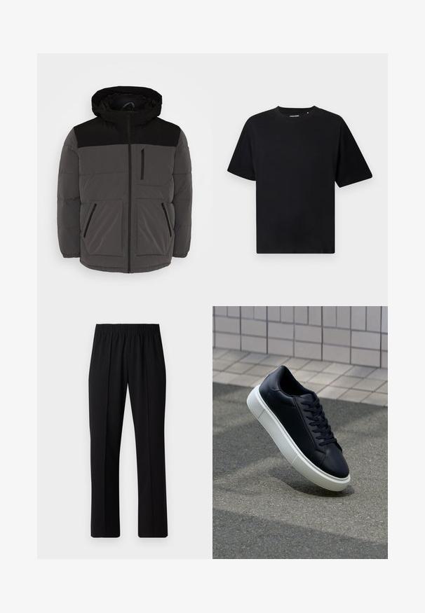 Pelēka pūkaina jaka ar melniem akcentiem, kas aprīkota ar kapuci, ar rāvējslēdzēju priekšā un divām sānu kabatām, viena no tām ar rāvējslēdzēju, kā arī redzamām šūšanas detaļām.; Melna īsām piedurknēm apģērbta augšdaļa ar apaļu kaklu un brīvu piegriezumu, izlikta uz baltā fona.; Melni elastīgi bikses ar taisnas kājas dizainu, ar gludu tekstūru un bez redzamām zīmēm vai detaļām.; Melnas ādas kedas ar noapaļotu pirkstu un baltu gumijas zoli. Iespējas - plakanas šņorītes un minimāla apdare augšdaļā. Struktūrēta zole, lai nodrošinātu saķeri.