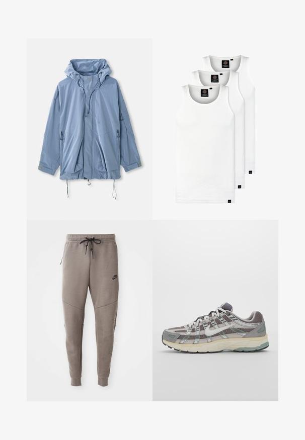 Svijetloplava jakna s kapuljačom, podesivim vezicama, dva prednja džepa i elastičnim manžetama. Napravljena od vodootpornog materijala s glatkom teksturom.; Tri bele rebraste majice brez rokavov iz bombaža. Imajo okroglo izreza in majhne črne etikete blizu roba. Na voljo v več velikostih.; Sive Nike trenirke z vrvico v pasu, pripete noge, stranske žepke in izrazitim šivom. Mehka, teksturirana tkanina.; Sive športne čevlje z zgornjim delom iz mrežastega in semiš materiala, belimi akcenti, oblazinjenim podplatom ter edinstvenim dizajnom z odsevnimi elementi.