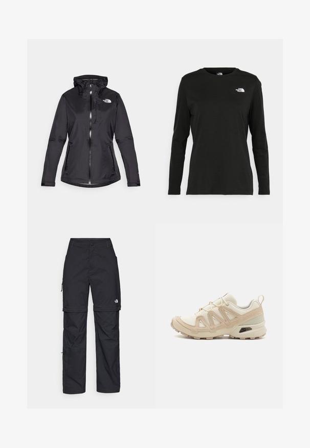Fekete vízálló dzseki kapucnival, cipzáros elülső résszel, állítható zsinórral és két cipzáros oldalsó zsebbel. Az elején logó található.; Fekete, hosszú ujjú póló pamutból, kerek nyakkal. A bal mellrészen egy kis fehér logó található. Egyszerű dizájn és szabás.; Fekete nylon zipzáras cargo nadrág állítható mandzsettával, több zsebbel és logóval a jobb lábon. Simább, könnyű textúra.; Beige és krém színű sportcipő, texturált hálós felsőrésszel, támogató burkolattal és gumitalppal, amely tapadás érdekében bordázott mintázattal rendelkezik.