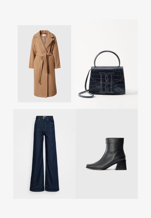 Bežna volnena kombinacija plašč s povojem, dolgimi rokavi in velikimi reverji. Ima stranske žepe in sproščen kroj. Gladka tekstura.; Črna majica brez rokavov iz bombaža, z okroglim izrezom in širokimi odprtinami za roke. Gladka tekstura s šivi na robovih. Klasičen, minimalističen dizajn.; Temno modre jeans hlače z visokim pasom in širokimi nogavicami, z prednjimi žepi, zanke za pas, gumbom za zapiranje in vidno šivinami na belem ozadju.; Črne usnjene gležnjarice s kvadratnim nosom, stranskim zadrgo in blok peto na enostavni svetli podlagi.; Črna ročno vsebovana torbica iz usnja z reliéfom krokodila, z oblikovanim dizajnom, zgornjo ročajem, prilagodljivo zanko in izstopajočim logotipom spredaj.