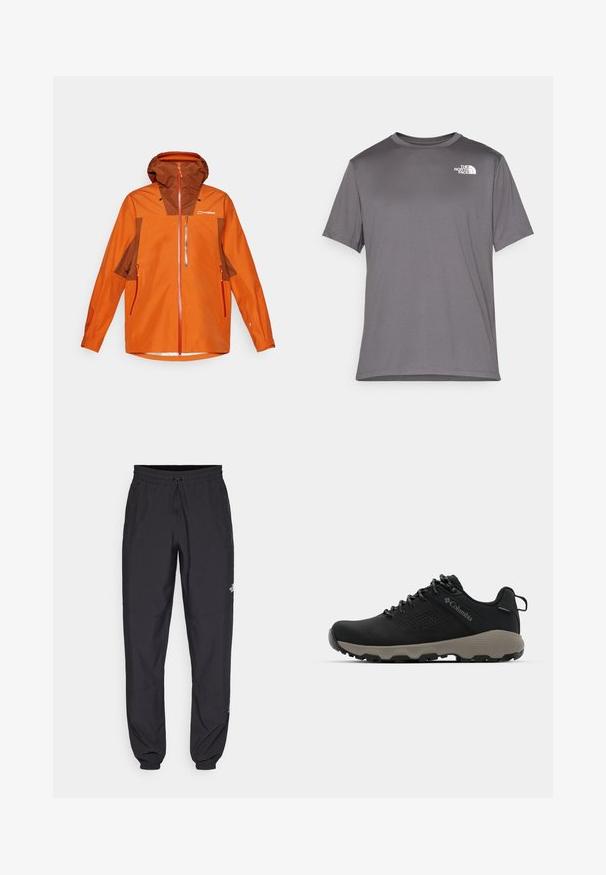 Oranžinė lauko striukė su rudais kapšeliais, užtrauktuku priekyje, dviem šoninėmis kišenėmis ir kontrastingų spalvų juostelėmis, pagaminta iš vandeniui atsparios medžiagos.; Pilkos spalvos trumpomis rankovėmis sportinė marškinėlė, pagaminta iš lygaus, lengvo audinio. Kairėje krūtinės pusėje yra baltas logotipas. Apvalaus kaklo dizainas.; Juodos sportinės kelnės, pagamintos iš lengvos medžiagos, su raišteliu liemens srityje, šoniniais kišenėmis ir siaurėjantys apykaklės prie kulkšnies.; Juodas žygio batukas su lygiu viršumi, perforuotu dizainu, pilku padu ir sustiprintu kulnu. Yra raišteliai ir kilputė, skirta patogiam užsivilkimui.