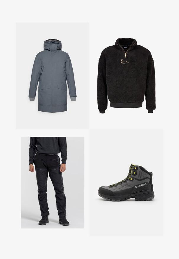 Houdini FALL IN - Parka - thunder gray; Schwarzer Fleece-Pullover mit halbem Reißverschluss vorne und hohem Kragen. Mit einem goldenen gestickten Logo und gerippten Bündchen und Saum. Weiche, strukturierte Oberfläche.; Schwarze Outdoor-Hosen aus strapazierfähigem Material, mit mehreren Reißverschluss-Taschen, einer strukturierten Oberfläche und verstärkten Kniebereichen. Getragen mit dunklem Schuhwerk.; Schwarzer und grauer Wanderschuh mit strukturiertem Stoff, leuchtend gelben Akzenten, verstärktem Zehenbereich und Gummisohle mit tiefen Profilen für besseren Halt.