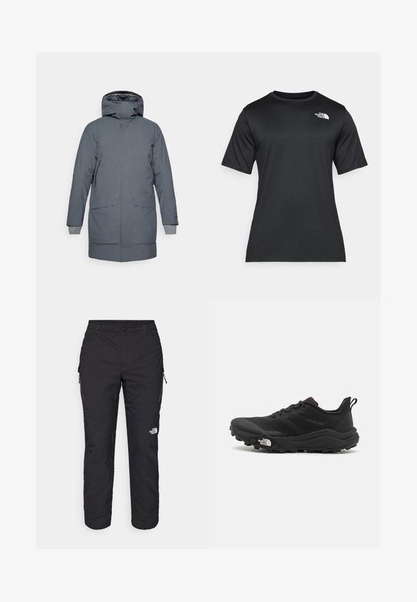 Houdini FALL IN - Jachetă parka - thunder gray; Tricou negru cu mânecă scurtă, fabricat dintr-un material ușor și cu proprietăți de îndepărtare a umidității. Prezentă un logo alb pe partea stângă a pieptului și un decolteu tip echipaj.; The North Face WINTER EXPLORATION TAPERED CARGO - Pantaloni outdoor - black; Pantofii de alergare pe teren accidentat, de culoare neagră, cu un superior texturat, talpă din cauciuc și vârf întărit. Prezintă un guler căptușit și o bandă de prindere pentru îmbrăcare ușoară.