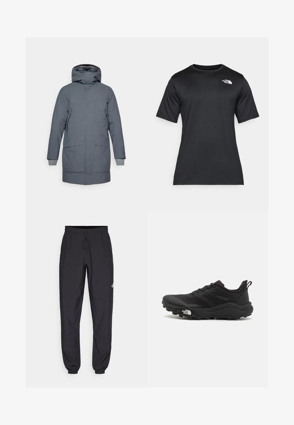 Houdini FALL IN - Parkatakki - thunder gray; Mustat lyhyet hiharat t-paita, joka on valmistettu kevyestä, kosteutta siirtävästä kankaasta. Vasen rintaosa on varustettu valkoisella logolla ja t-paidassa on pyöreä kaula-aukko.; Mustat urheiluhousut, jotka on valmistettu kevyestä kankaasta. Housuissa on naru vyötäröllä, sivutaskut ja kapenevat hihnat nilkoissa.; Musta maastojuoksukengät, joissa on teksturoitu päällinen, kumipohja ja vahvistettu varvastoppia. Varusteena pehmustettu nilkkakappale ja vetotappi helppoa pukemista varten.