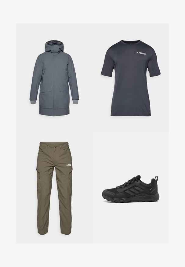 Houdini FALL IN - Parka - thunder gray; Dark gray short-sleeve t-shirt made from lightweight, breathable material. Features a round neck and a white "TERREX" logo on the front.; Olive green outdoor pants made of lightweight fabric, featuring cargo pockets, zipper accents, and a logo on the upper thigh.; Black athletic shoes featuring a breathable mesh upper, textured overlays, rubber outsole with traction lugs, and gray accents.