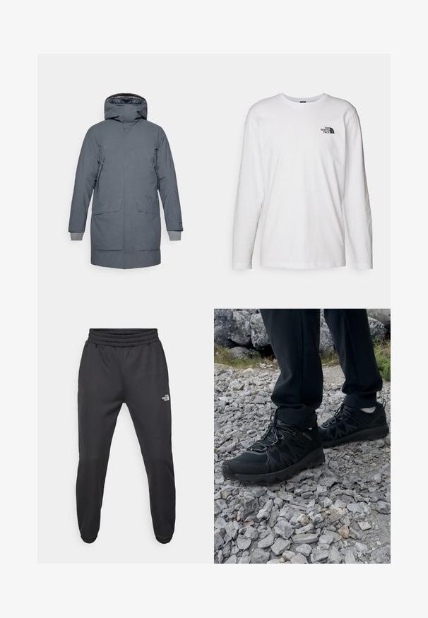 Houdini FALL IN - Parka - thunder gray; White long-sleeve T-shirt made of cotton with a crew neck. Features a small black logo on the chest. Smooth texture, regular fit.; Black sweatpants with a drawstring waist, tapered fit, elastic cuffs, and a small white logo on the left thigh, made from smooth fabric.; Black outdoor shoes with mesh and synthetic material, featuring a textured upper, secured lacing system, and a rugged outsole, on rocky terrain.