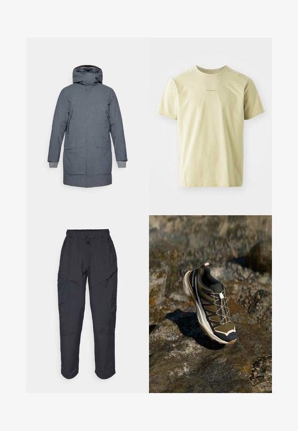 Houdini FALL IN - Parka - thunder gray; Salomon TRACKLINE TEE - T-shirt de sport - gray green; Pantalons cargo noirs en matériau léger et résistant à l'eau ; dotés d'une taille élastique, de plusieurs poches zippées et de jambes fuselées.; Chaussure de randonnée en vert olive et noir avec des accents roses. Elle présente un dessus texturé, une semelle flexible, une coque avant renforcée et un système de laçage coloré.