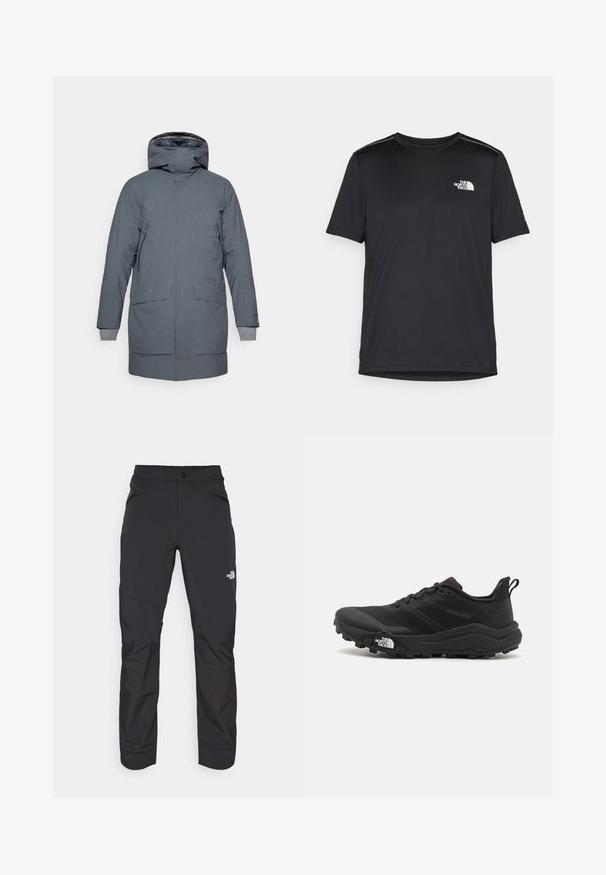 Houdini FALL IN - Parka - thunder gray; T-shirt noir à manches courtes en tissu léger. Présente un petit logo blanc sur la poitrine gauche et des accents subtils aux épaules.; Pantalons d'extérieur noirs en matière synthétique avec une poche avant zippée, jambes fuselées et panneaux de genoux renforcés. Comprend une fermeture à bouton.; Chaussure de trail running noire avec une tige texturée, semelle en caoutchouc et bout renforcé. Présente un col rembourré et une tirette pour un enfilage facile.