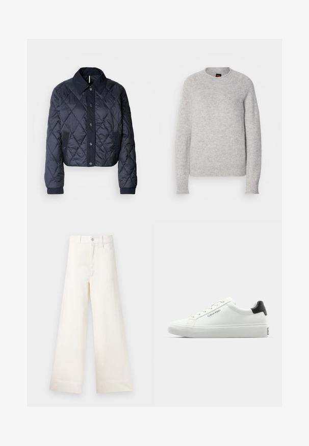 Giacca trapuntata blu navy con un ampio colletto, chiusura anteriore con bottoni e polsini elasticizzati. Presenta cuciture diagonali e tasche laterali. Tessuto morbido e liscio.; Maglione grigio chiaro realizzato in morbido tessuto a maglia. Presenta un colletto rotondo, polsini a coste e una vestibilità rilassata con maniche raglan.; Pantaloni a gamba larga in cotone beige chiaro. Caratterizzati da vita alta, tasche anteriori e un taglio dritto. Orlo pulito senza motivi.; Sneaker bianca con finitura liscia, accentuazione nera sul tallone e design con lacci. Presenta il marchio "Calvin Klein" sul lato. Stile minimalista.