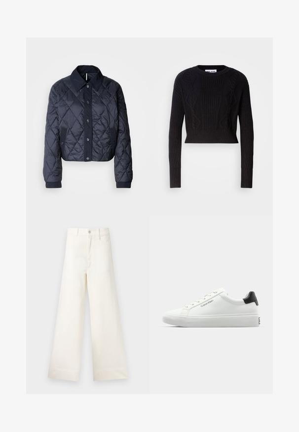 Casaco acolchoado azul marinho com um grande colarinho, fecho de botões e punhos elásticos. Apresenta costura diagonal e bolsos laterais. Textura suave e lisa.; Sweater cropped preto feito de tecido ribado, apresentando padrões de trança texturizados, mangas longas e um decote redondo.; Calças largas em algodão bege claro. Apresentam uma cintura alta, bolsos frontais e um corte reto. Acabamento de bainha limpo, sem padrões.; Sapatilha branca com acabamento liso, detalhe preto no calcanhar e design com atacadores. Apresenta a marca "Calvin Klein" na lateral. Estilo minimalista.