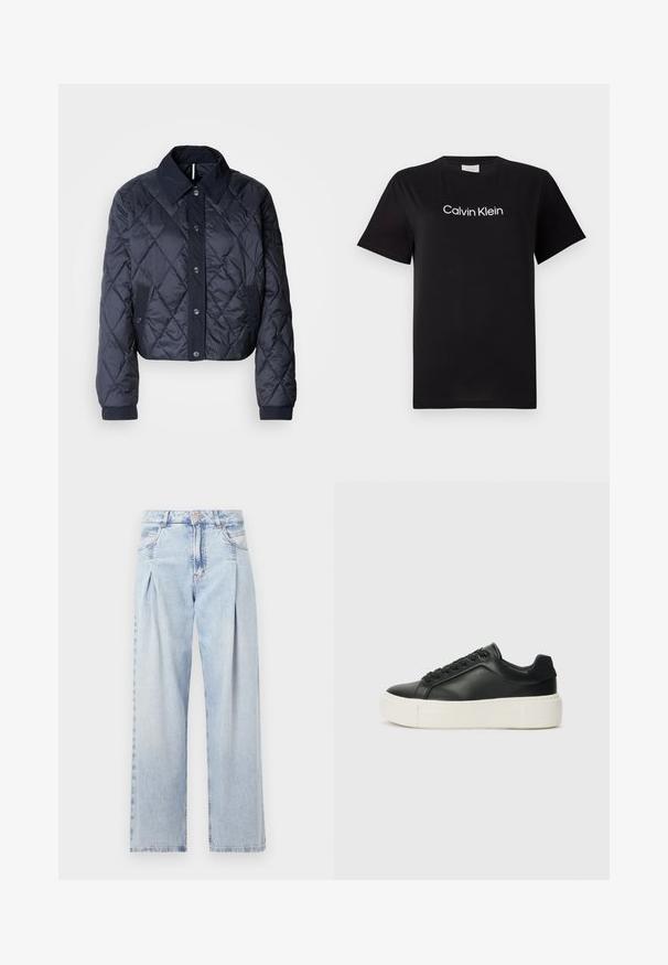 Laivastonsininen tikattu takki, jossa on suuri kaulus, napitus edessä ja elastiset hihansuut. Ominaisuuksiin kuuluu vinosaumaus ja sivutaskut. Pehmeä ja sileä tekstuuri.; Musta puuvillapaita lyhyillä hihoilla, jossa on valkoinen "Calvin Klein" -logo painettuna rinnan kohtaan. Klassinen pyöreä kaula-aukko.; Vaaleansiniset farkut, joissa on korkea vyötärö, leveälahkeinen leikkaus, kaksi sivutaskua ja pleatattu muotoilu. Pehmeä rakenne, jossa on haalistunut viimeistely.; Musta nahkakengät pyöreällä nenällä, valkoisella alustalla ja mustilla nauhoilla. Takana on huomaamaton logo ja pinta on sileä.