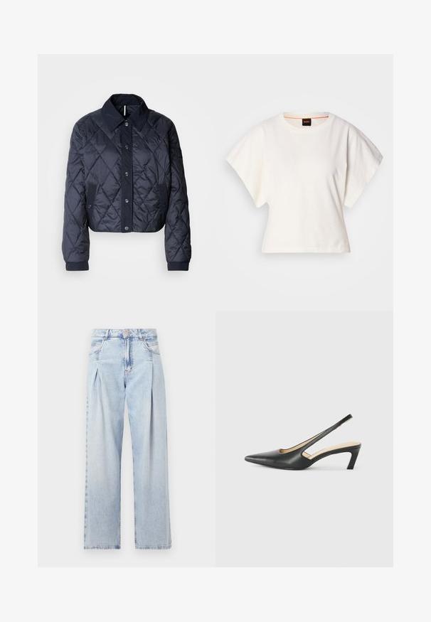 Laivastonsininen tikattu takki, jossa on suuri kaulus, napitus edessä ja elastiset hihansuut. Ominaisuuksiin kuuluu vinosaumaus ja sivutaskut. Pehmeä ja sileä tekstuuri.; Valkoinen lyhythihainen t-paita, leveät lyhyet hihat, pehmeää puuvillamateriaalia, pyöreä pääntie jossa hienovarainen oranssi reunus, minimaalinen muotoilu, ei kuvioita tai graafisia elementtejä.; Vaaleansiniset farkut, joissa on korkea vyötärö, leveälahkeinen leikkaus, kaksi sivutaskua ja pleatattu muotoilu. Pehmeä rakenne, jossa on haalistunut viimeistely.; Musta, kärjeltään terävä slingback-kengä, jossa on matala korko. Kengässä on sileä nahkamateriaali ja sivuilla leikkaukset hengittävyyttä varten.