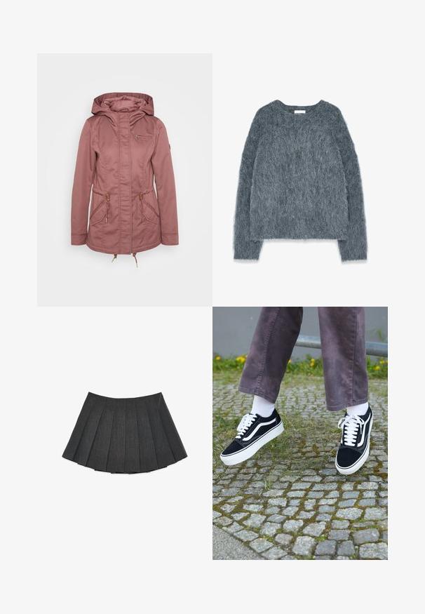ONLY Petite ONLLORCA - Parkas - rose brown; Texturerad grå tröja med lös passform, långa ärmar och vid halsringning. Mjuk, fluffig material med en lätt lyster. Inga framträdande mönster eller accenter.; Faldkjol i mörkgrått, tillverkad av ett texturerat material. Har en utsvängd silhuett med jämnt fördelade plisseringar och en rak midja.; Svarta mockaskor med vita detaljer, med rund tå, tjock vit sula och klassisk snördesign, som bärs med vita strumpor och lila byxor.