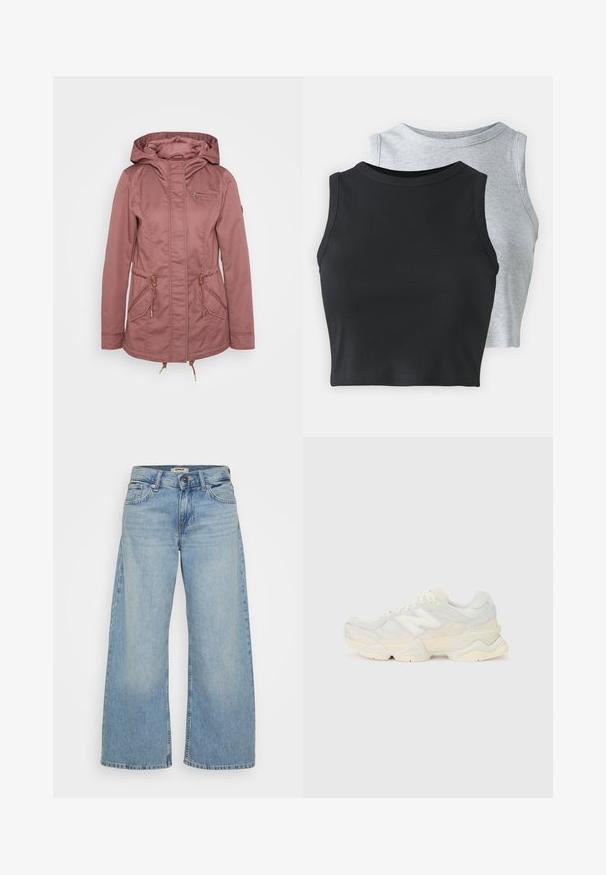 ONLY Petite ONLLORCA - Parka - rose brown; Even&Odd Petite 2 PACK - Top - light grey/black; Light blue wide-leg jeans with a high waist, made of denim. Features five pockets and subtle fading on the fabric for texture.; Lightweight sneaker featuring a mesh and suede upper in soft cream tones, with a chunky sole and three-dimensional accents.