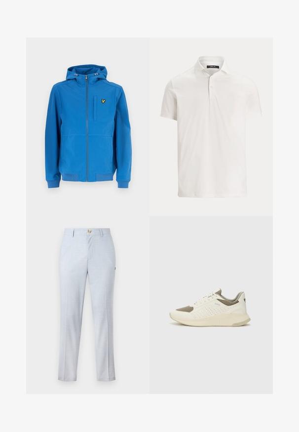 Lyle & Scott JACKET - Casaco leve - spring blue; Polo de manga curta branco para homem, com gola, dois botões e um logótipo subtil na etiqueta no interior da gola.; Calças de fato azul-claro feitas de tecido tecido, apresentando um corte clássico, perna reta, bolsos frontais e fecho de botão. Detalhe de padrão subtil.; Sapatilha atlética branca e bege claro, com parte superior em malha, detalhes perfurados e uma entressola texturizada com marcação no calcanhar.