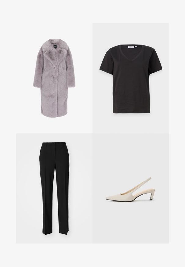 Mākslīgās kažokādas mēteli gaiši lavandas krāsā, vidējas garuma ar mīkstu, pūkainu tekstūru. Iespējams, tam ir izgriezts apkakle, priekšējais pogu aizdare un garas piedurknes.; Melnas kokvilnas T-krekls ar V veida kakla izgriezumu un īsām piedurknēm. Vienkāršs dizains ar regulāru piegriezumu un bez rakstiem vai akcentiem.; Melnas pielāgotas bikses ar taisnu kāju dizainu, kas raksturojas ar gludu faktūru un asiem krokām pa priekšu. Nav redzamu metāla detaļu.; Bēša ādas zābaks ar norādītu purngalu un atvērtu aizmuguri, ar izgriezumu dizainu, 5 cm blokveida papēdi un gludu tekstūru. Melna zole akcentiem.