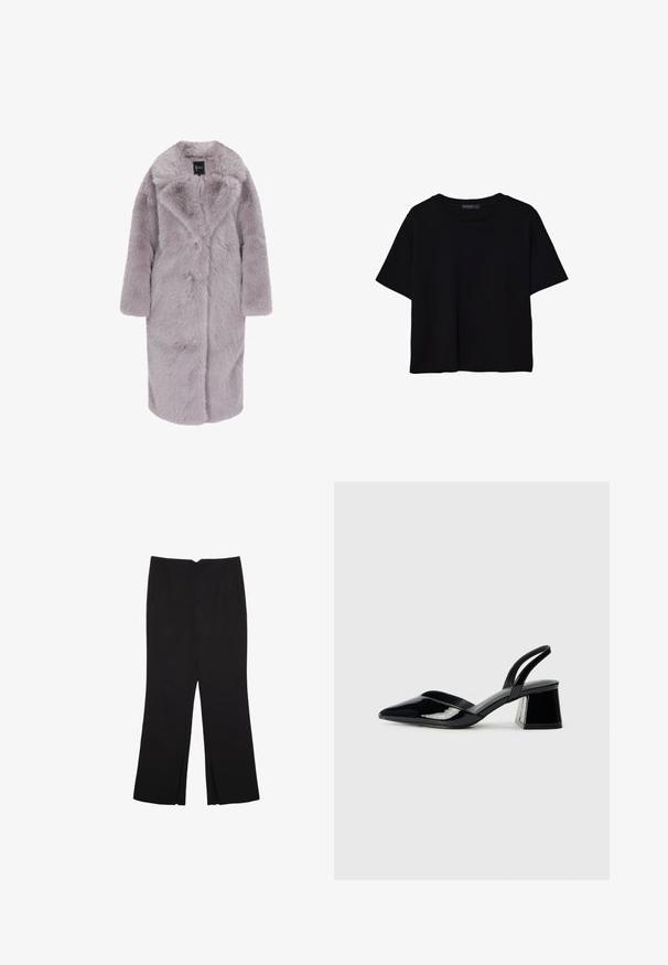 Väärennettu turkisviitta vaaleanlaventelissa, keskipitkä ja pehmeä, pörröinen rakenne. Ominaisuuksia ovat lovikolla varustettu kaulus, etupainike suljenta ja pitkät hihnat.; Mustat lyhyet hihavat t-paidat, jotka on valmistettu puuvillasta. Ominaisuuksiin kuuluu pyöreä kaula-aukko ja löysä istuvuus sekä sileä, yksinkertainen pinta. Ei näkyviä kuvioita tai koristeita.; Mustat housut suoralinjaisella leikkauksella, joissa on etutaskut ja sivurei'ät helman alla. Valmistettu pehmeästä ja sileästä kankaasta. Sopii eri tilaisuuksiin.; Mustat patentoitu nahkakengät, joissa on säären takaosa ja terävä kärki, sekä geometrinen palikkakorko. Sisältää tyylikkään, minimalistisen muotoilun ja sileän pinnan.