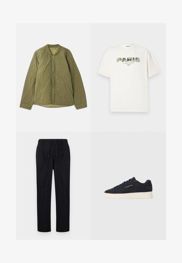 Quiltet olivengrøn jakke med rund halsudskæring, snaplukning fortil, to sidelommer og tekstureret bølge-mønster.; Hvid bomulds t-shirt med et stort grafisk print af "PARIS" i camouflage design. Korte ærmer og rund halsudskæring. Casual, afslappet pasform.; Sorte bukser lavet af glat stof, med snor i taljen, lige ben og frontfolder for et struktureret udseende.; Mørkeblå ruskinds lavtop sneaker med hvid sål, mørkeblå snørebånd og "Filling Pieces" logo i guld på siden.