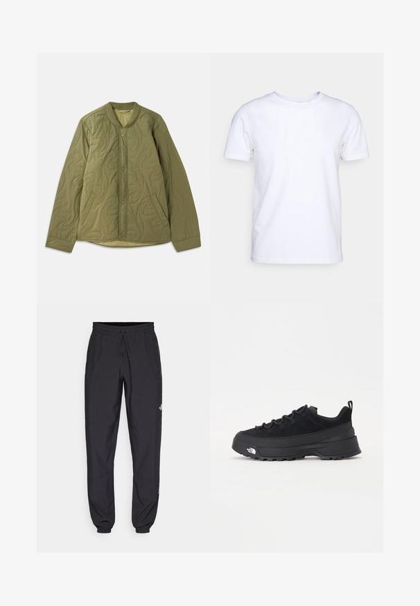 Steppelt olíva zöld dzseki kerek nyakkivágással, patentos elülső záródással, két oldalsó zsebbel és texturált hullámos mintával.; Fehér, rövid ujjú felső pamut anyagból, kerek nyakkivágással. Egyszerű dizájn, minta vagy díszítés nélkül. Sima textúra.; Fekete sportnadrág, könnyű anyagból készült, húzózsinóros derékkal, oldalsó zsebekkel és szűkített szárakkal a bokáknál.; Fekete kültéri sneaker velúr felsőrésszel, texturált gumitalppal és strapabíró fűzőrendszerrel. Megerősített sarkú és oldalán márkalogóval rendelkezik.