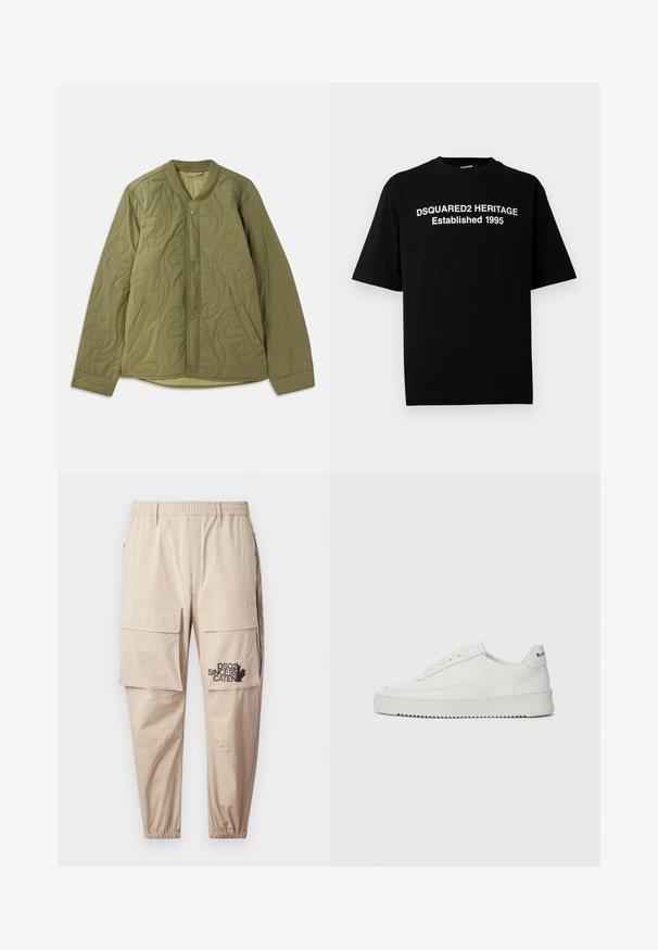 Veste ar izliekta žakarda olīvzaļā krāsā, ar apaļu kakla izgriezumu, spiedpogām priekšpusē, divām sānu kabatām un rakstainu viļņu tekstūru.; Melna īsām piedurknēm t-kreklu no kokvilnas ar apļa kakla, ar baltu tekstu: "DSQUARED2 HERITAGE Established 1995" priekšpusē.; Gaiši brūni cargo bikses, izgatavotas no viegla auduma, ar elastīgu jostasvietu, rāvējslēdzēja kabatām un uzdrukātu logotipu uz kreisās kājas.; Baltas ādas sneakers ar gludu virsmu, apaļu pirkstu daļu, plakaniem šņorēm un teksturētu zoli. Satur diskrētu logotipu uz papēža.