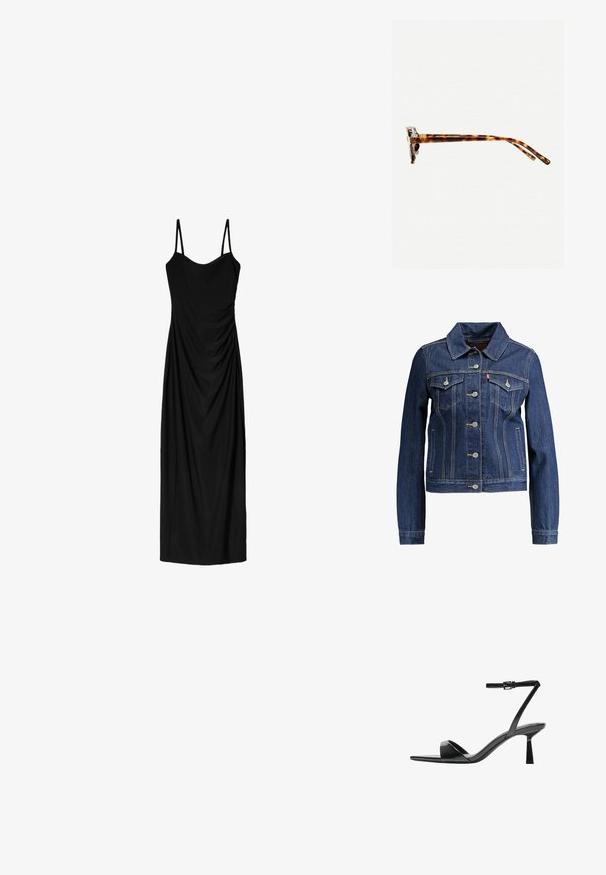 Dunkelblaue Jeansjacke mit Kragen, Knopfleiste und zwei Brusttaschen. Mit gelben Nähten und einem kürzeren Design.; Schwarzes Midi-Kleid mit dünnen verstellbaren Trägern, das ein drapiertes Design und eine glatte Textur aufweist. Keine sichtbaren Muster oder Verzierungen.; Bershka High Heel Sandalette - black; Schildpatt-Sonnenbrille mit dickem Rahmen, leicht gebogenen Bügeln und glatter Textur. Sie präsentiert ein klassisches Design mit glänzender Oberfläche.