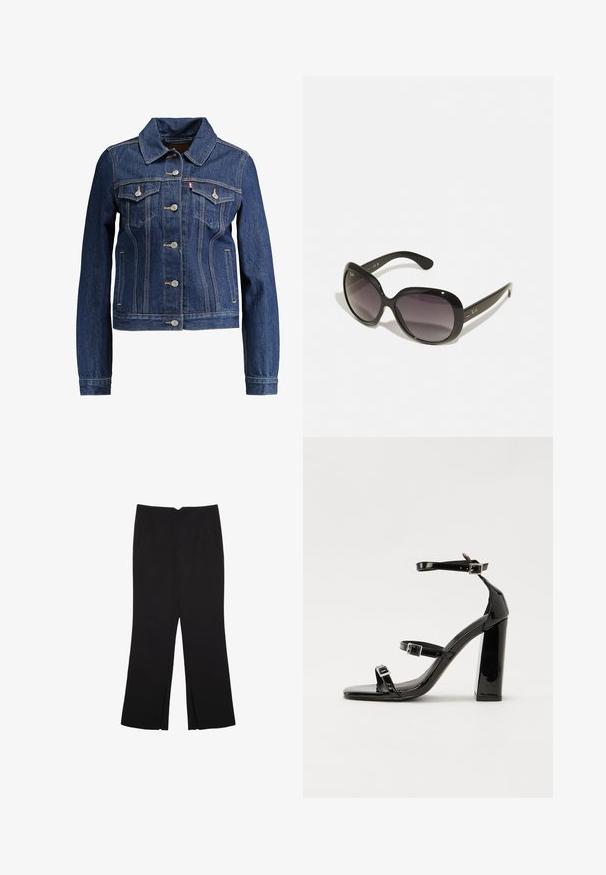 Mørkeblå denimjakke med krave, knapfront og to brystlommer. Har gul syning og et cropped design.; Sort ærmeløs crop top lavet af glat stof, med rund hals og et rent, enkelt design uden mønstre eller hardware.; Sorte bukser med lige pasform, der har frontlommer og slidser i kanten. Lavet af blødt, glat stof. Velegnet til forskellige anledninger.; Sorte patenterede hælsandaler med firkantet tå, ankelremme og sølvspænder. Har en chunky blokHæl for stabilitet.; Sorte solbriller med oversized, runde stel. Lenses, der gradiere fra mørk til lys. Har en slank, blank finish og diskrete logo accenter på stænger.
