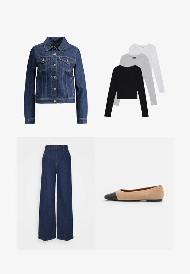 Donkerblauwe denimjas met een kraag, knopen aan de voorkant en twee borstzakken. Voorzien van gele stiksels en een cropped ontwerp.; Drie langmouwige tops gestapeld: zwart, grijs en wit. Elke top heeft een ronde halslijn en een cropped ontwerp van soepel, lichtgewicht materiaal.; Hoge taille wijdvallende donkerblauwe denim jeans met voor- en achterzakken, knoopsluiting en zichtbare stikseldetails.; Beige suède ballet flats met een zwarte leren ronde neuskap, lage hak en een gladde textuur, met minimale stiksels en een schone uitstraling.