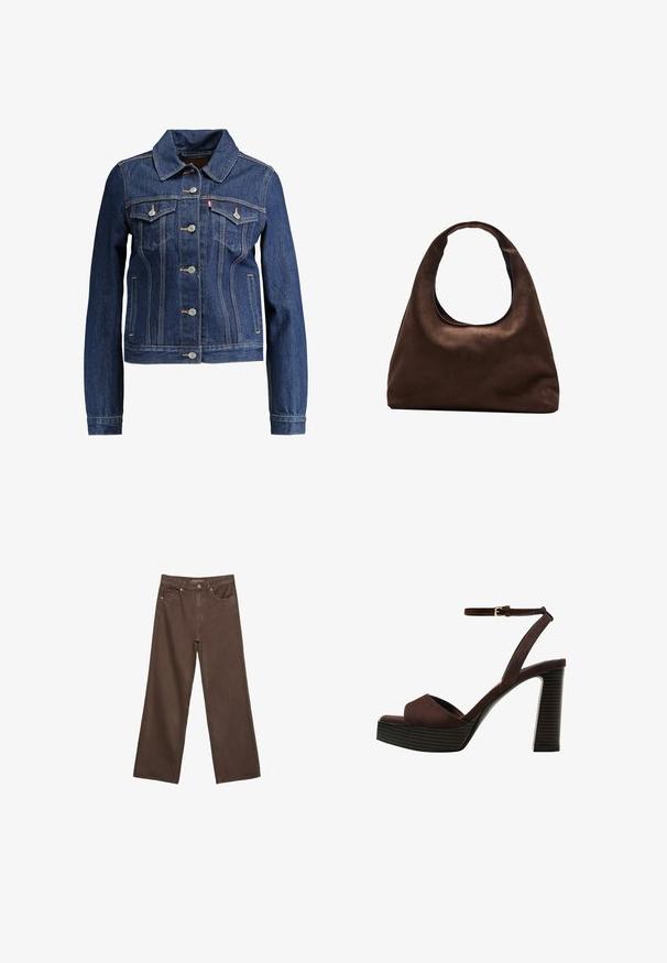 Mørkeblå denimjakke med krave, knapfront og to brystlommer. Har gul syning og et cropped design.; Brun kortærmet t-shirt lavet af blødt stof, med rund halsudskæring og afslappet pasform. Ingen synlige mønstre eller detaljer.; Bredde ben brun denim jeans med høj talje, forlommer og klassisk knaplukning. Glat tekstur med diskret syninger.; Brune ruskinds højhælede sandal med åben tå, justerbar ankelrem og en stribet plade sål.; Blød brun hobo-stil håndtaske med en enkelt bred strop og en buet åbning på toppen, vist på en hvid baggrund.