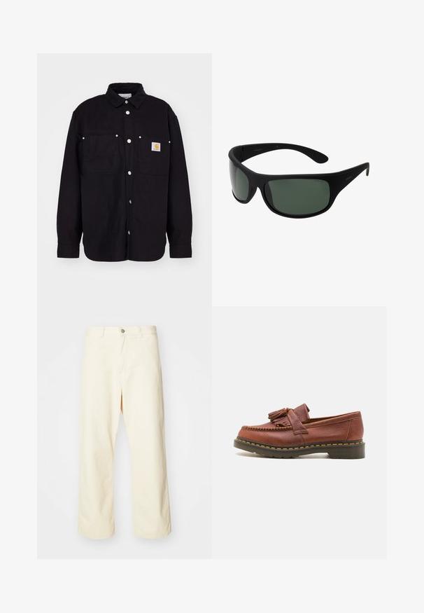 Carhartt WIP WALTER SHIRT SULLIVAN - Lehká bunda - black; Bílá bavlněná trička s potiskem černobílé a červené grafiky fotbalového míče a názvů měst. Krátké rukávy, design s kulatým výstřihem.; Krémové široké kalhoty vyrobené z bavlny s knoflíkovým zapínáním, poutky na opasek a prošitým lemem. Hladká textura, bez viditelných vzorů.; Hnědá kožená mokasína s třásňovými akcenty, texturovaným povrchem a kontrastním žlutým prošíváním podél černé gumové podrážky. Boční pohled.; Černé sluneční brýle ve stylu wraparound s tmavě zelenými skly. Matný povrch, zakřivený design, rovné nožičky a decentní značení na straně.