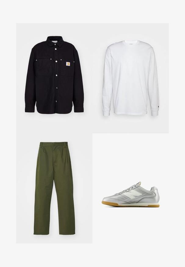 Carhartt WIP WALTER SHIRT SULLIVAN - Summer jacket - black; White long-sleeved T-shirt made of cotton. Crew neck design with ribbed cuffs and a small logo on the left sleeve. Smooth texture.; Olive green, high-waisted pants with a straight leg design. Made of a lightweight fabric, featuring front pleats and a button closure.; Silver athletic shoe with a smooth, shiny surface, white logo on the side, textured gray laces, and a gum rubber sole.