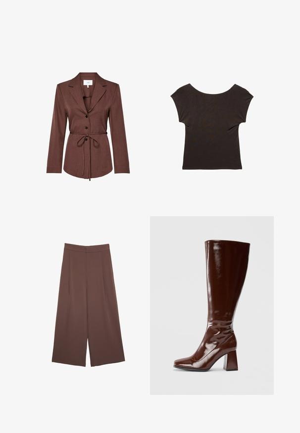 Blazer marrone su misura con rever a notched, tre bottoni neri sulla parte anteriore e una sottile cintura che si annoda in vita.; Top corto marrone scuro a maniche corte con un ampio scollo a barca. Realizzato in un tessuto morbido e liscio con una silhouette aderente. Nessun motivo o decorazioni visibili.; Pantaloni ampi marroni con una texture liscia, caratterizzati da una vita alta e pieghe frontali. Il tessuto è leggero e scorre liberamente.; Stivali marroni in pelle verniciata alti fino al ginocchio, con punta quadrata, finitura lucida e taccochunky per stabilità. Design senza soluzione di continuità senza hardware visibile.