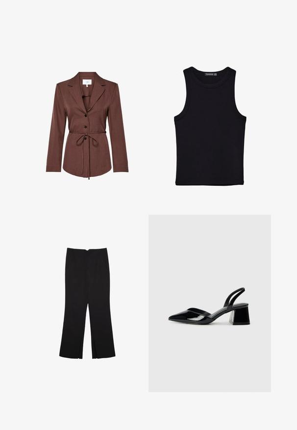 Brun skræddersyet blazer med notch-lapper, tre sorte knapper foran og et tyndt selvbindebånd i taljen.; Sort tank top lavet af bomuld, med rund halsudskæring og brede armhuller. Glat tekstur med syede kanter. Klassisk, minimalistisk design.; Sorte bukser med lige pasform, der har frontlommer og slidser i kanten. Lavet af blødt, glat stof. Velegnet til forskellige anledninger.; Sorte patentlæder slingback hæle med spids tå og en geometrisk blok hæl. Har et elegant, minimalistisk design og en glat tekstur.