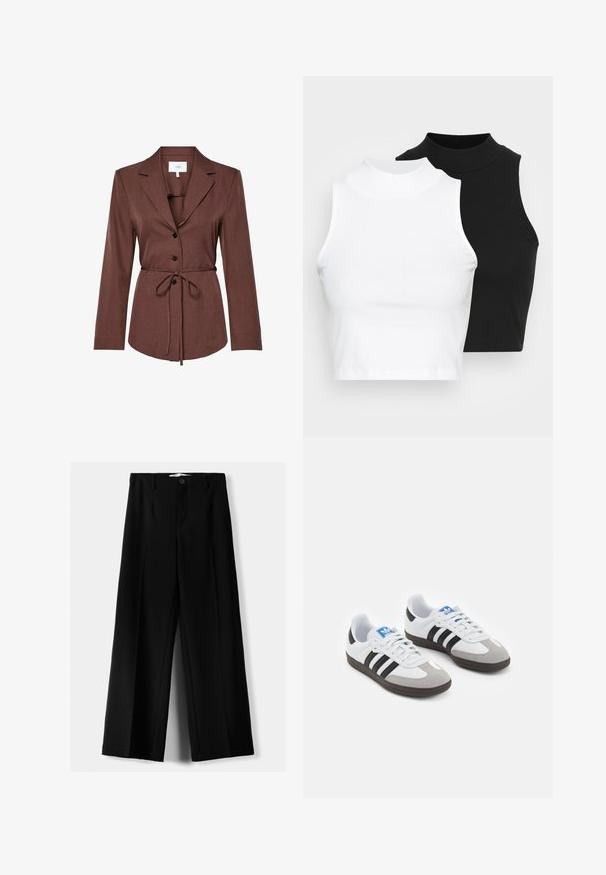 Brązowa marynarka skrojona na miarę z klapami o wykroju szpic, trzema czarnymi guzikami z przodu i cienkim paskiem do zawiązania w talii.; Dwa bezrękawnikowe golfy w kolorze czarnym i białym, charakteryzujące się dopasowanym fasonem i gładką teksturą, o skróconej długości.; Czarne spodnie szerokie, wykonane z lekkiego materiału, z zapięciem na guzik z przodu i gładkim przodem, z starannie wykończonymi brzegami.; Buty sportowe z białą skórzaną cholewką, szarym zamszowym noskiem i trzema czarnymi paskami. Posiadają niebieskie logo na języku oraz teksturowaną gumową podeszwę.