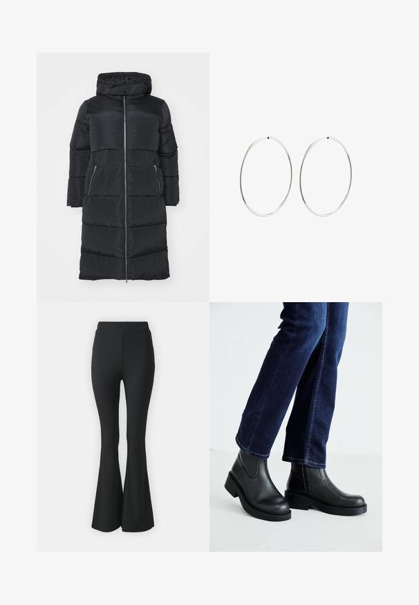 Vero Moda Curve VMCLUNA LONG COAT - Winter coat - black; Black T-shirt made of cotton, featuring short sleeves over a white long-sleeve layer with a subtle textured pattern. Crew neckline design.; Black flared trousers made from stretchy fabric. Features a high waistband and a smooth, fitted design that flares from the knee downward.; Black leather ankle boots with a chunky sole and side elastic panels, paired with dark blue jeans. The ground is light-colored.; Silver hoop earrings with a smooth, round design and a polished finish. They are thin and lightweight, featuring a simple clasp closure.