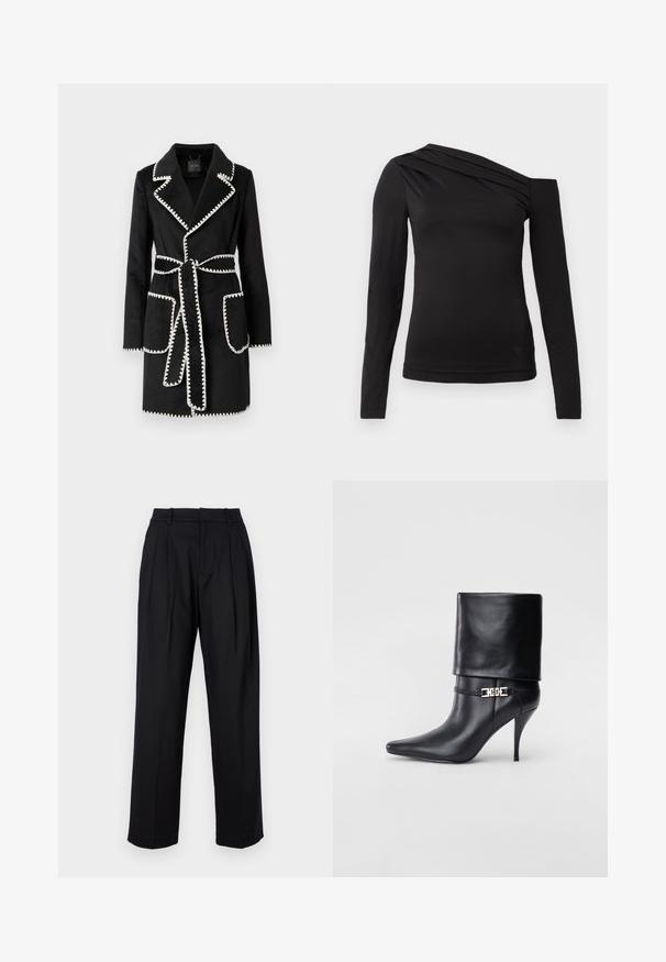 Melnās mētelis ar šallītes apkakli, baltu viļņveida apdari, garām piedurknēm, divām priekšējām kabatām un atbilstošu jostu viduklī. Mīksta tekstūra.; Melnas garām piedurknēm blūze ar asimetrisku kakla izgriezumu, kur viens plecs ir atklāts un maigā drapējuma akcenti krūšu daļā.; Melni bikses ar izsmalcinātu dizainu, kurām ir augsta josta, izgriezumi un taisnas kājas griezums. Izgatavotas no gludas auduma vienkrāsainā dizainā.; Melnas ādas potīšu zābaki ar smailu purngalu, augstu stiletto papēdi, salocītu aproci un zeltītu dekoratīvu sprādzi uz potītes.