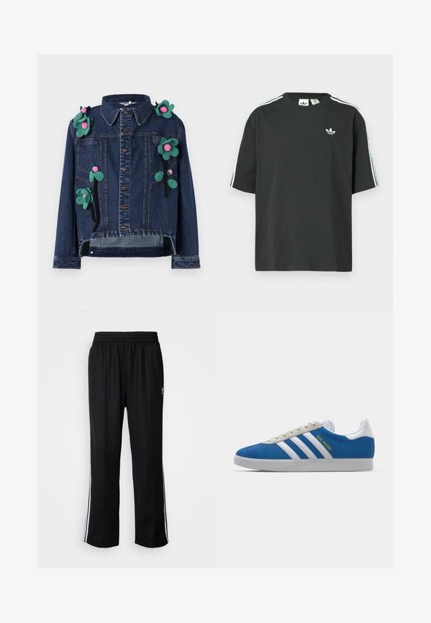 Denim jacket with front buttons, collar, and floral appliqués in green and pink, featuring a cropped design and relaxed fit.; Black cotton t-shirt with short sleeves, crew neckline, and white three-stripe detailing on shoulders. Features a small white logo on chest.; Black athletic pants with an elastic waistband, featuring white side stripes and a small logo. Material appears soft and lightweight.; adidas Originals ADIDAS GAZELLE SHOES - Indoor football boots - real madrid/bluebird/footwear white/crew yellow