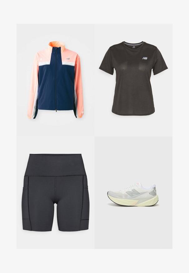 Giacca a windbreaker navy e corallo con colletto alto, zip frontale, striscia orizzontale bianca e polsini elastici. Accenti riflettenti del logo.; T-shirt sportivo nero a maniche corte, realizzato in tessuto leggero. Presenta un sottile motivo texturizzato e un piccolo logo bianco sul petto.; Pantaloni corti neri a vita alta realizzati in tessuto elastico, dotati di tasche laterali, cuciture piatte e una texture liscia per il massimo comfort durante le attività.; Scarpa da corsa leggera con una tomaia in mesh grigia e bianca, un prominente logo 'N' e un'intersuola gialla con accenti angolati. Suola nera.